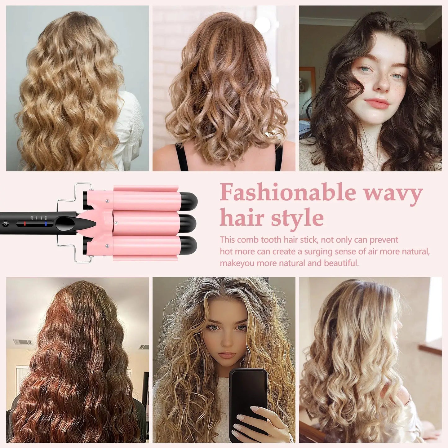 Dual Voltage Triple Barrel Curling Iron 1 Inch Pink