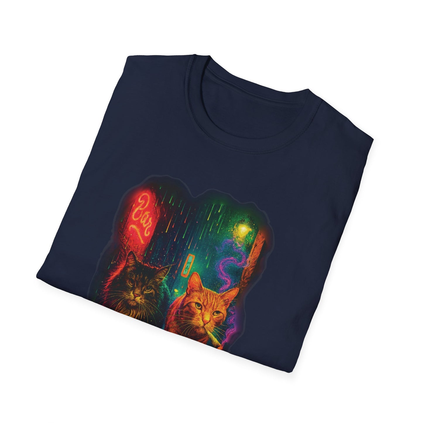Psychedelic City Street Unisex Softstyle T-Shirt, Cat Lover Tee, Funny Animal Graphic Tee, Cute Kitten Shirt, Unique Gift for Cat Lovers