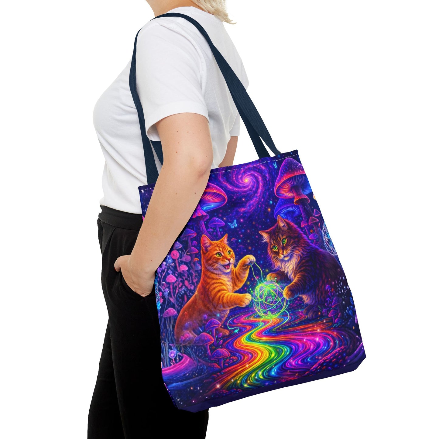 Psychedelic Cats Playing with Orb Tote Bag | Neon Mushroom Galaxy Art