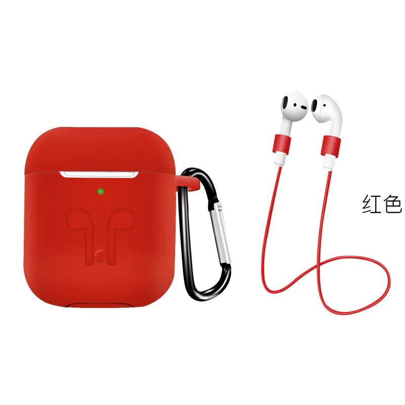 Red airpod case with carabiner and white airpods on a white background