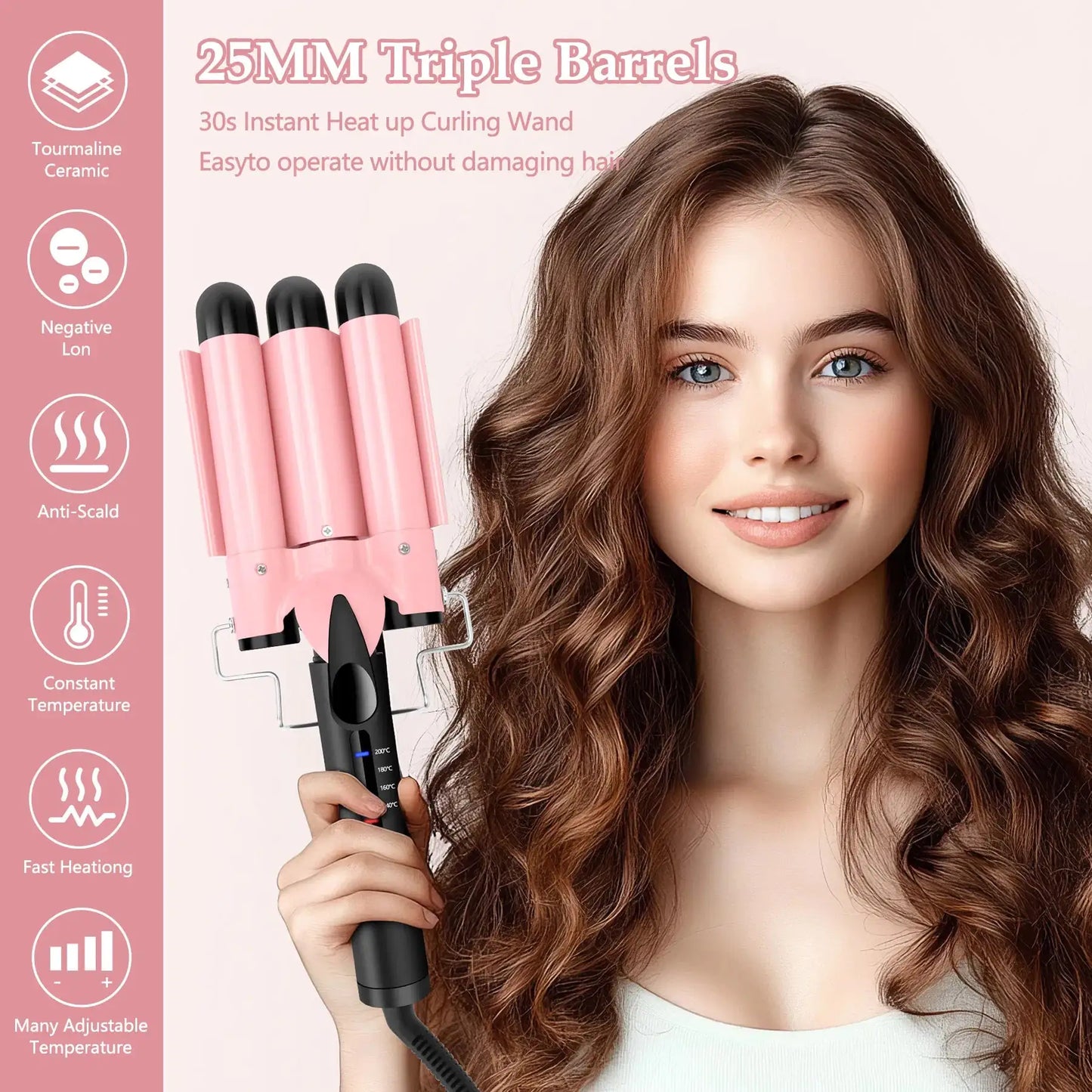 Dual Voltage Triple Barrel Curling Iron 1 Inch Pink