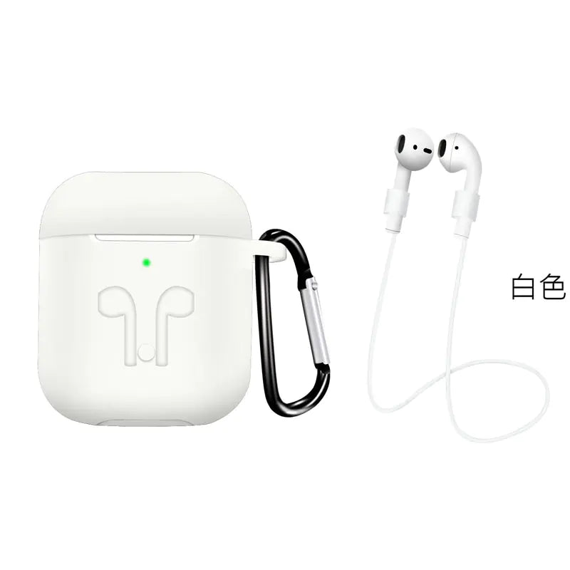 White wireless earbuds with charging case and carabiner on a white background