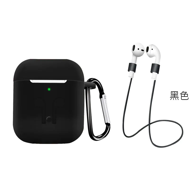 Black wireless earbud case with earbuds and carabiner on a white background