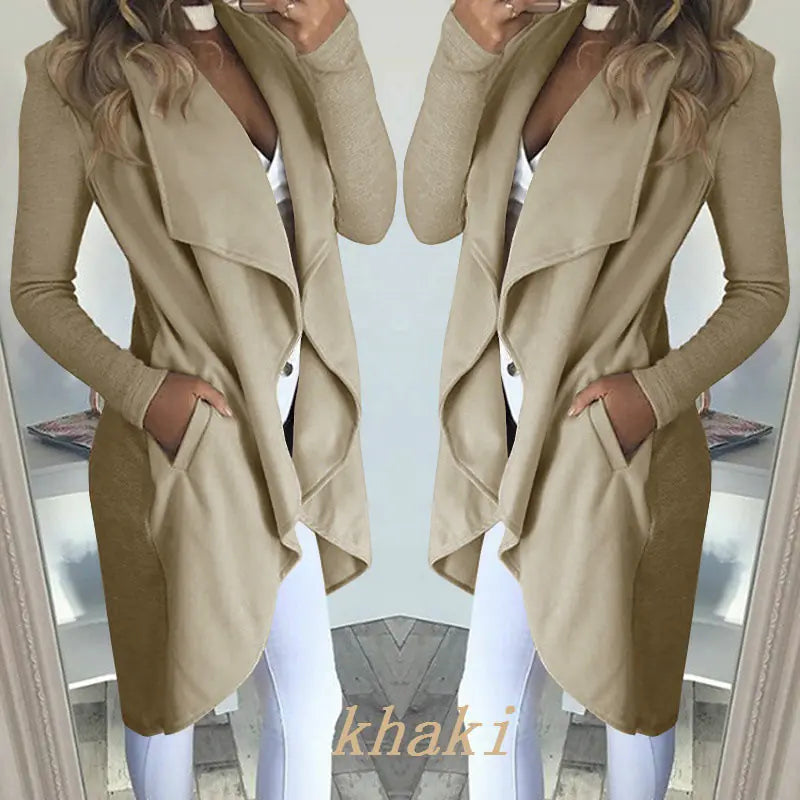 Slim Long Trench Coat with Solid Lapel by Theresa's Gift Shop