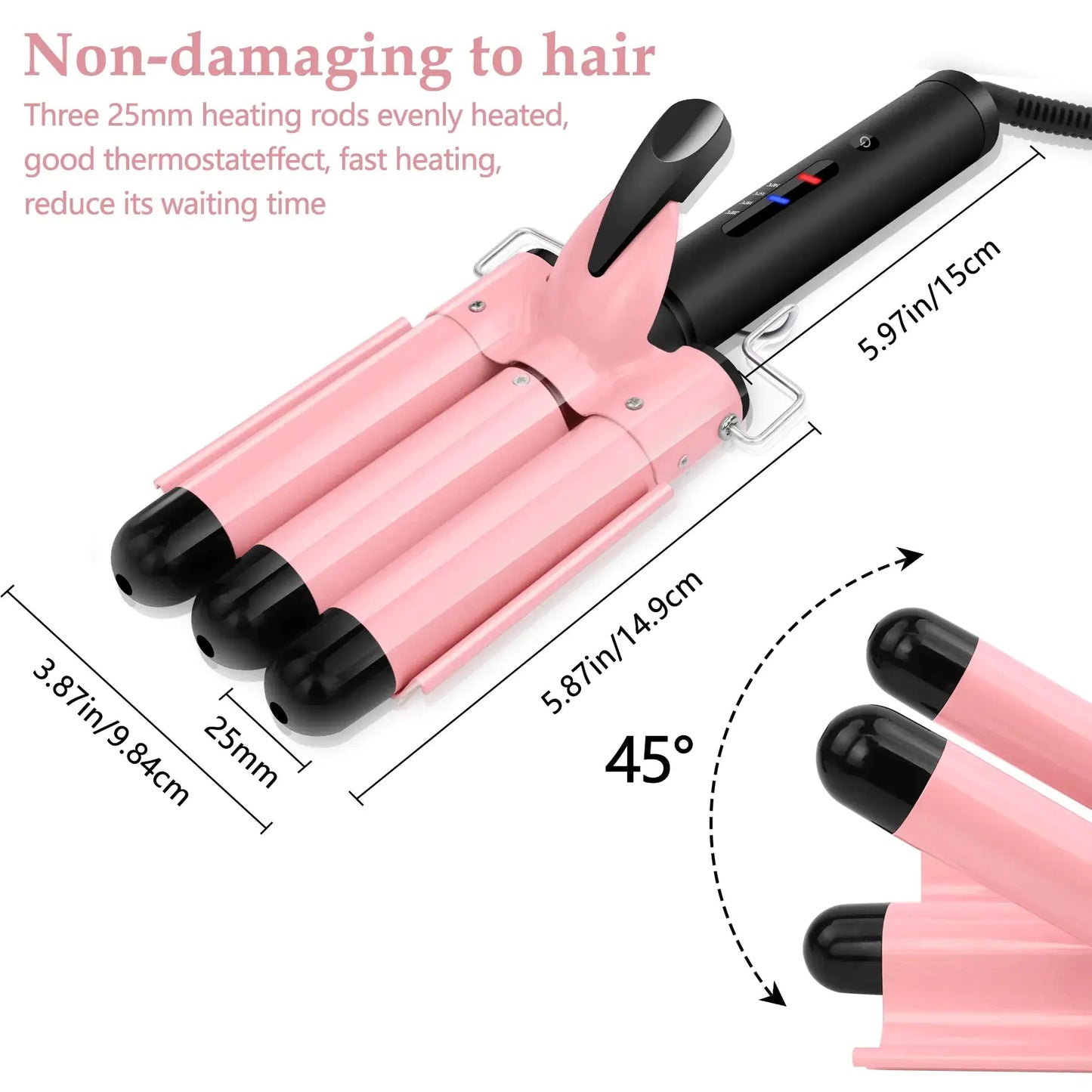 Dual Voltage Triple Barrel Curling Iron 1 Inch Pink