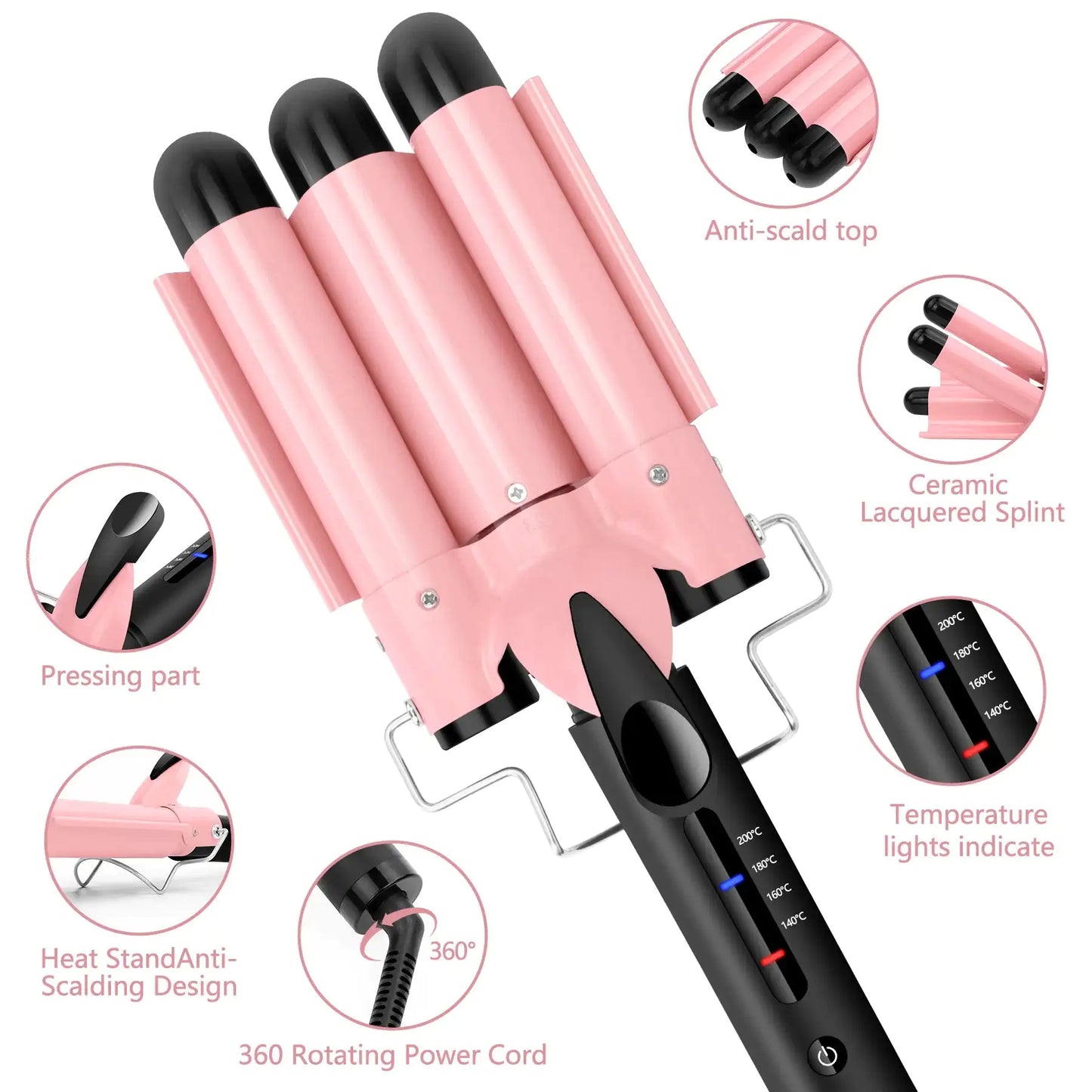 Dual Voltage Triple Barrel Curling Iron 1 Inch Pink