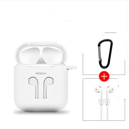 White wireless earbuds case with earbuds and carabiner on a white background