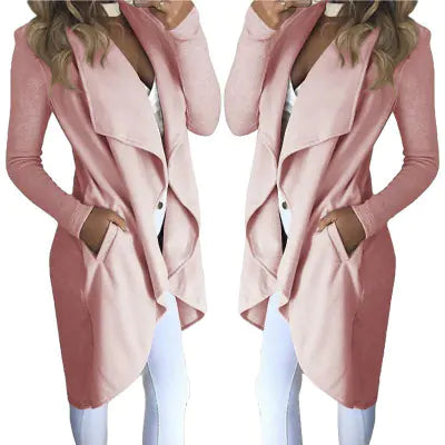 Slim Long Trench Coat with Solid Lapel by Theresa's Gift Shop