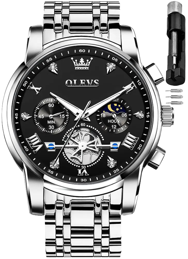 OLEVS Men Black Chronograph Watch Moon Phase Stainless