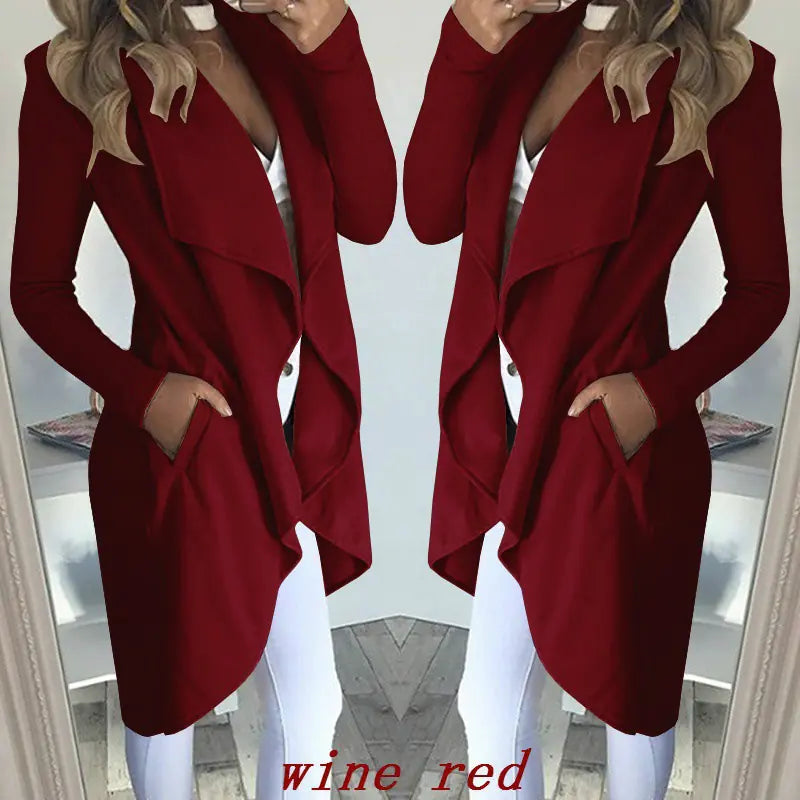 Slim Long Trench Coat with Solid Lapel by Theresa's Gift Shop
