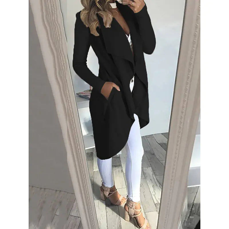 Slim Long Trench Coat with Solid Lapel by Theresa's Gift Shop
