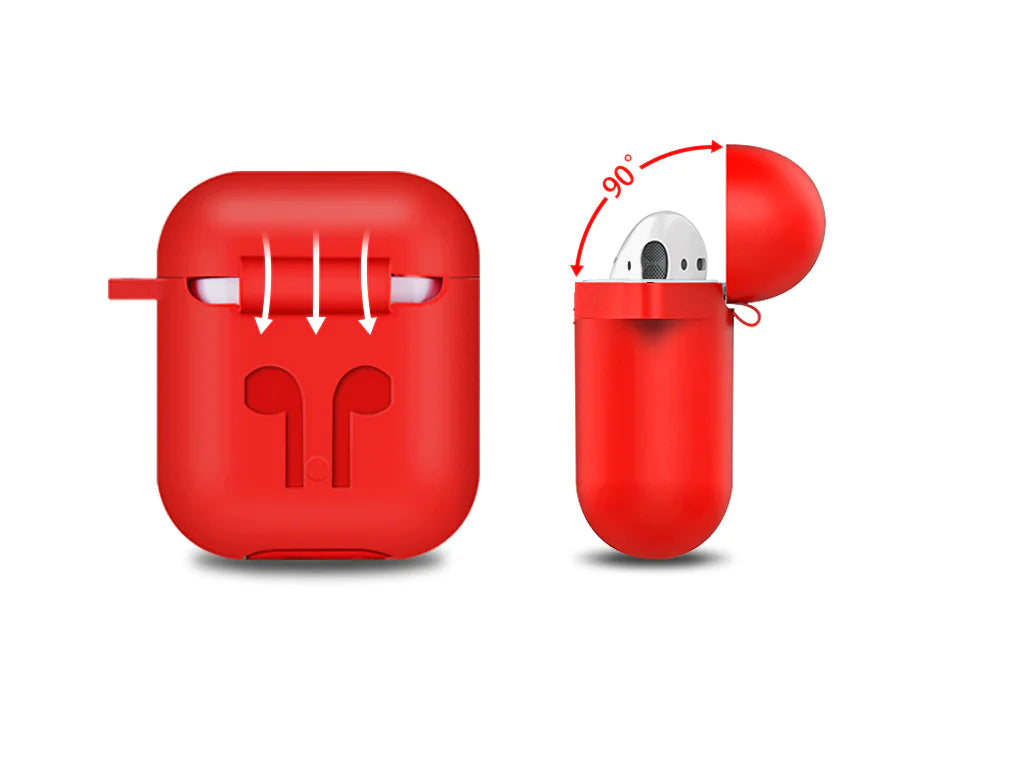 Red protective case for wireless earbuds with a white background
