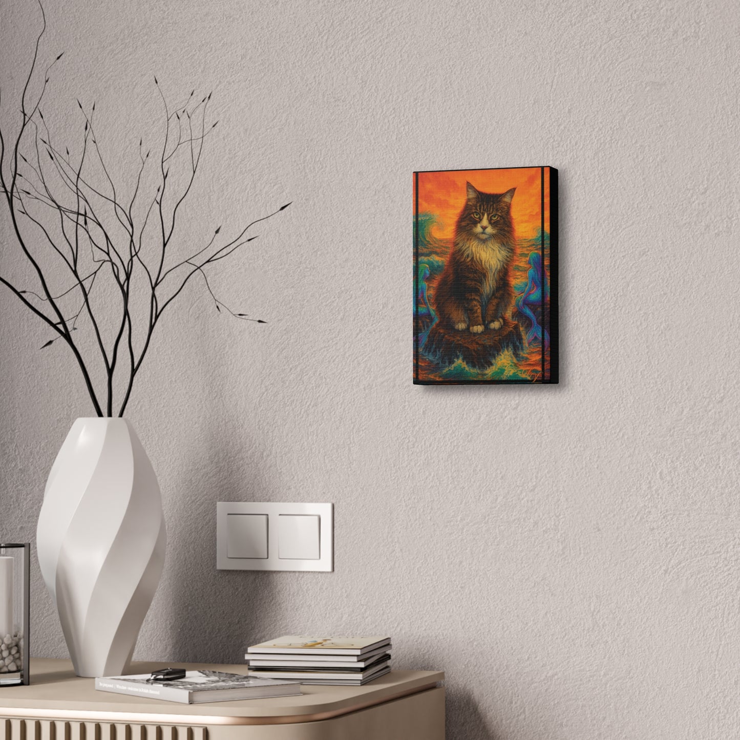 Canvas Stretched, Mermaid Cat Wall Art Print, Ocean Inspired Home Decor, Nautical Sea Goddess Poster, Coastal Theme Room Decoration, Beach