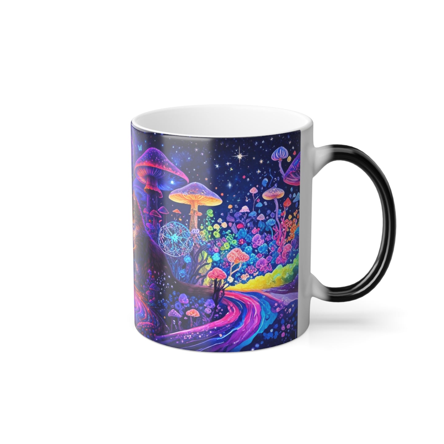 Psychedelic Cats Playing with Rainbow Orb Mug | Color Morphing Mug