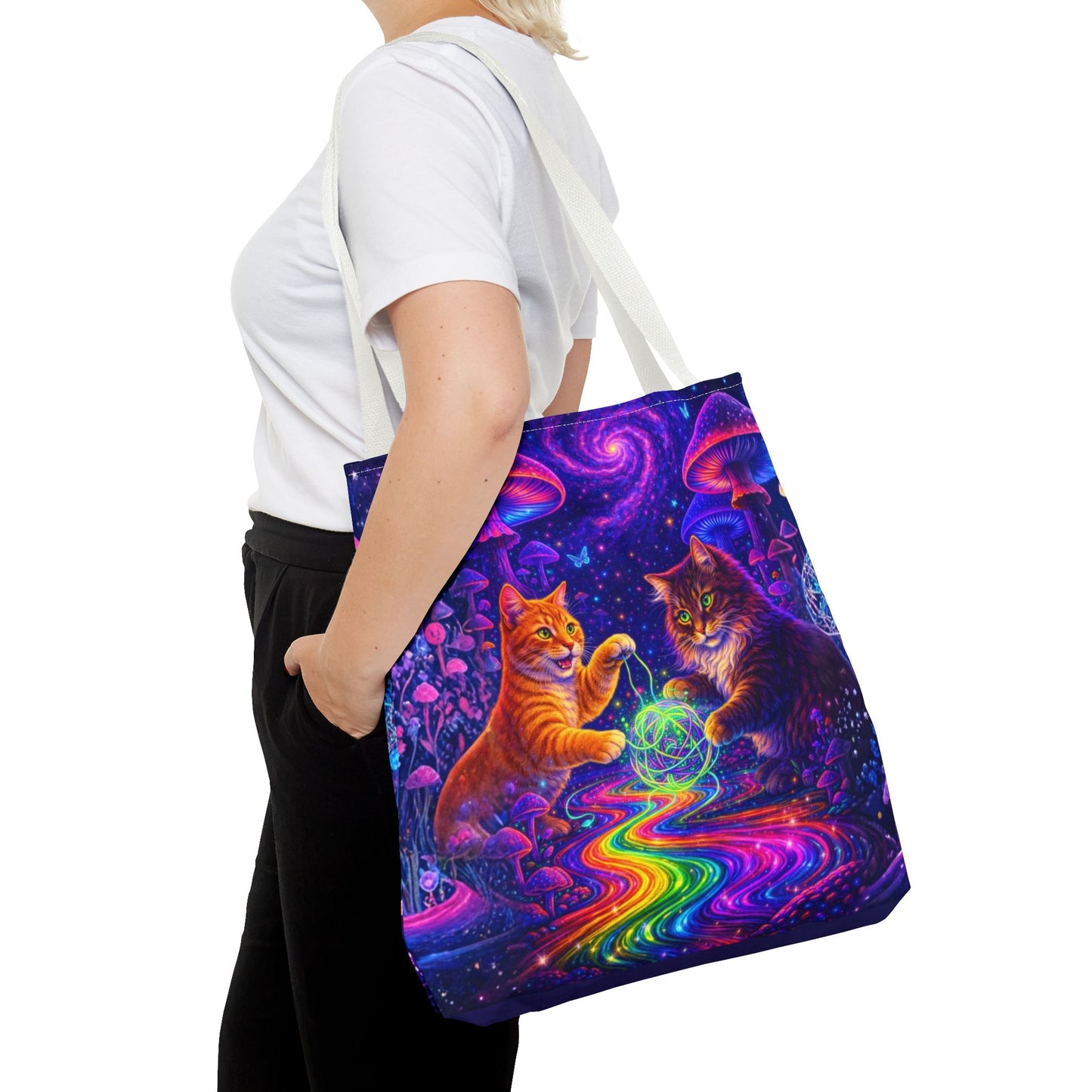 Psychedelic Cats Playing with Orb Tote Bag | Neon Mushroom Galaxy Art