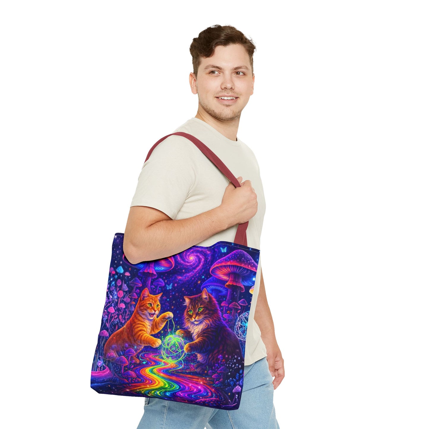 Psychedelic Cats Playing with Orb Tote Bag | Neon Mushroom Galaxy Art