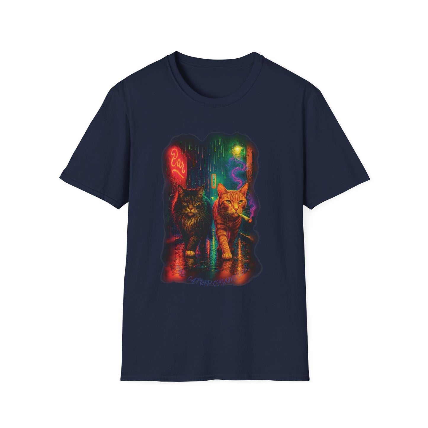 Psychedelic City Street Unisex Softstyle T-Shirt, Cat Lover Tee, Funny Animal Graphic Tee, Cute Kitten Shirt, Unique Gift for Cat Lovers
