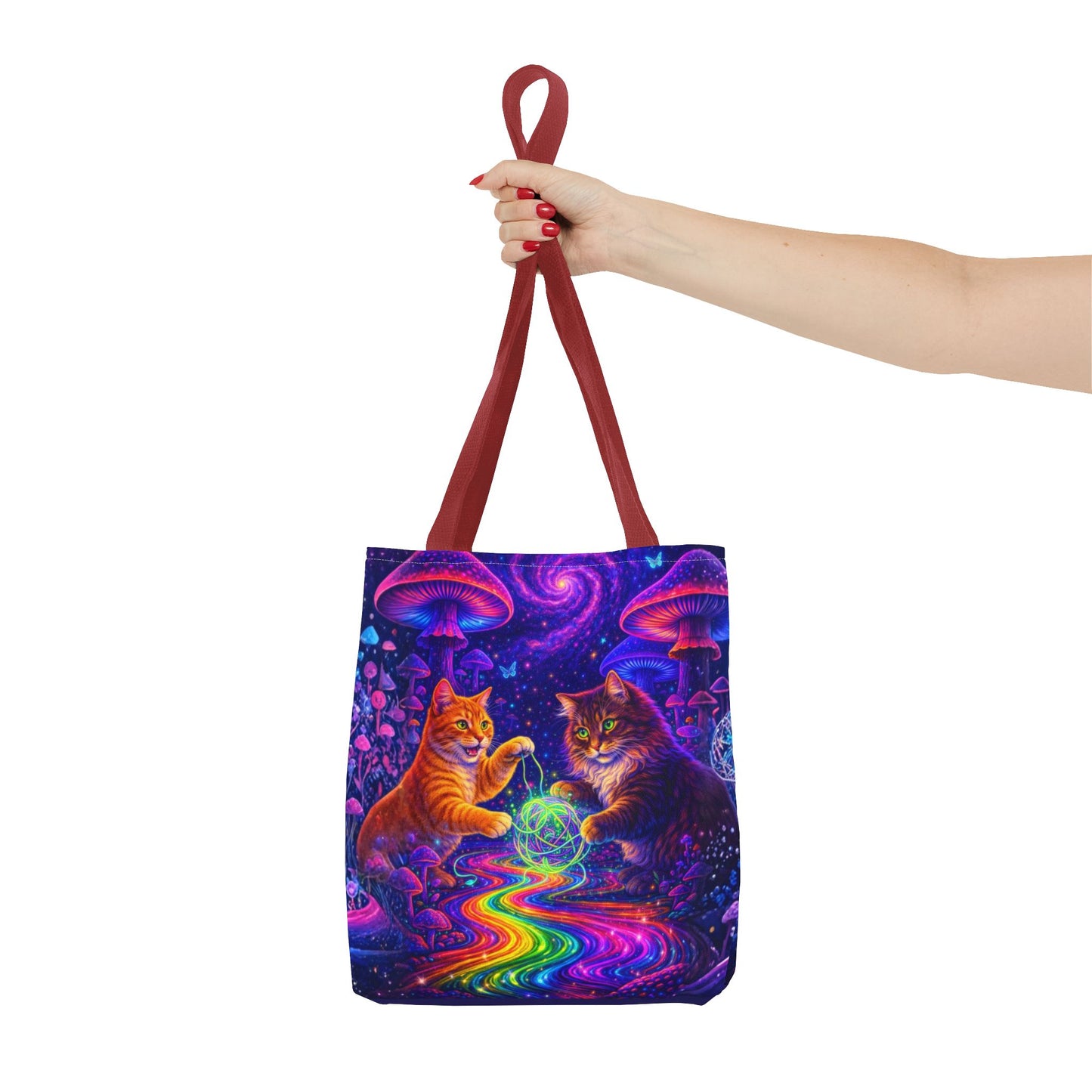 Psychedelic Cats Playing with Orb Tote Bag | Neon Mushroom Galaxy Art
