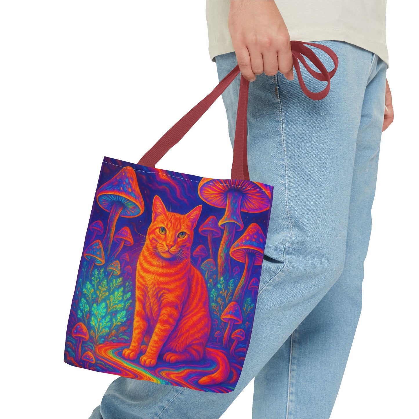 Psychedelic Mushroom Field Tote Bag, Orange Catnip Cat Graphic Print, Reusable Eco-Friendly Shopping Bag, Hippie Boho Gift, Kitty Lover