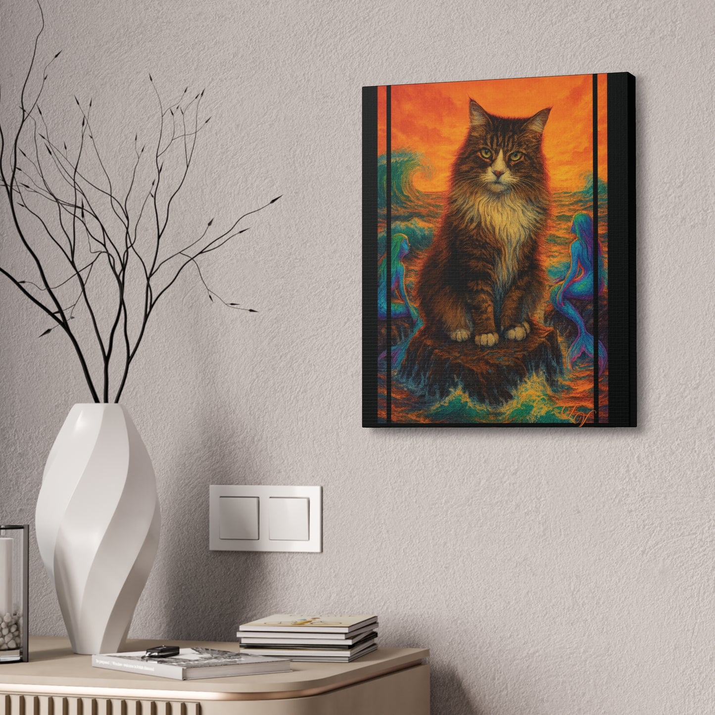 Canvas Stretched, Mermaid Cat Wall Art Print, Ocean Inspired Home Decor, Nautical Sea Goddess Poster, Coastal Theme Room Decoration, Beach