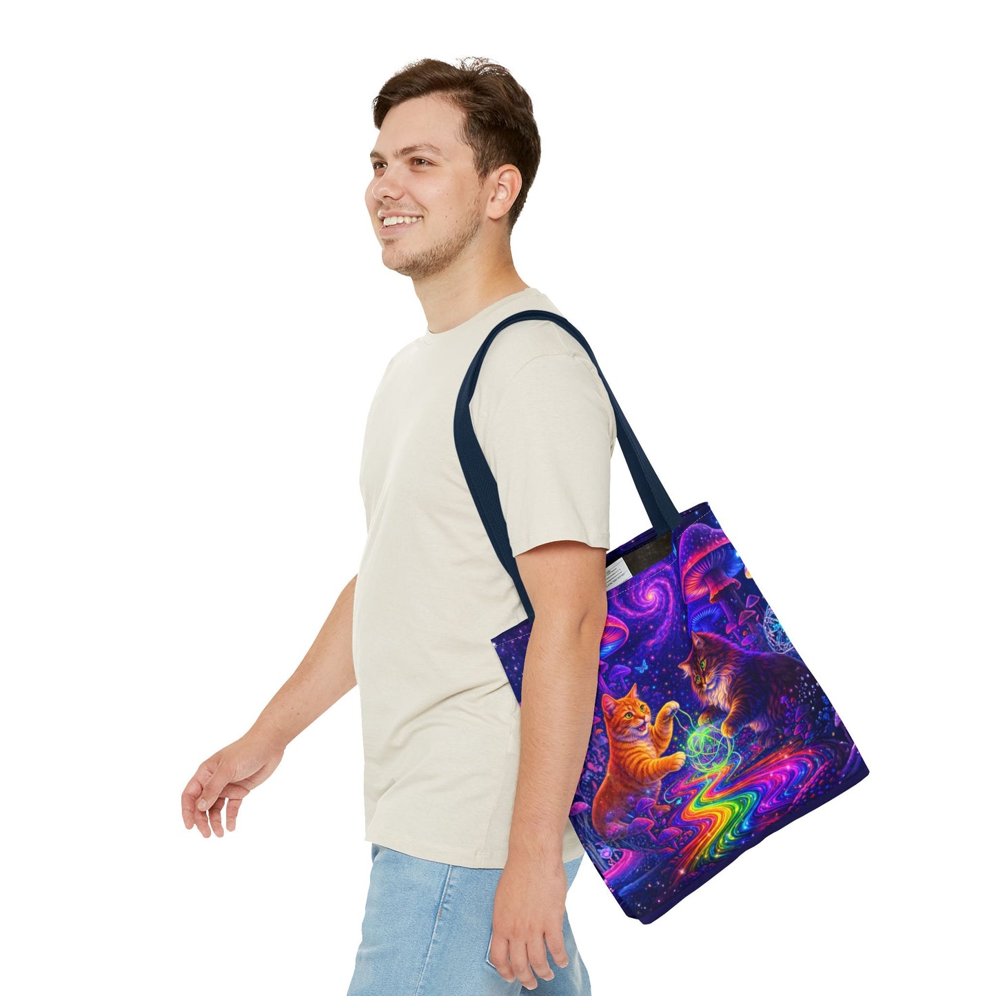 Psychedelic Cats Playing with Orb Tote Bag | Neon Mushroom Galaxy Art