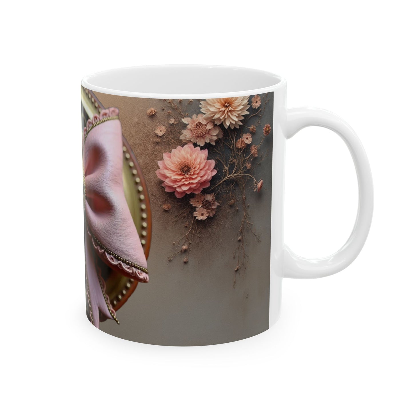 Steampunk Gear with Pink Ribbon Ceramic Mug | Floral Accent