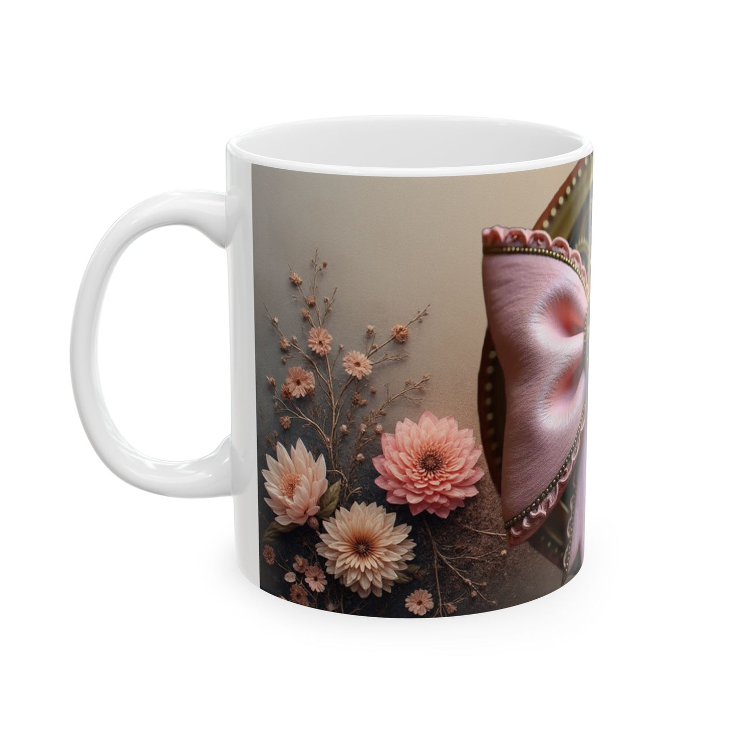 Steampunk Gear with Pink Ribbon Ceramic Mug | Floral Accent