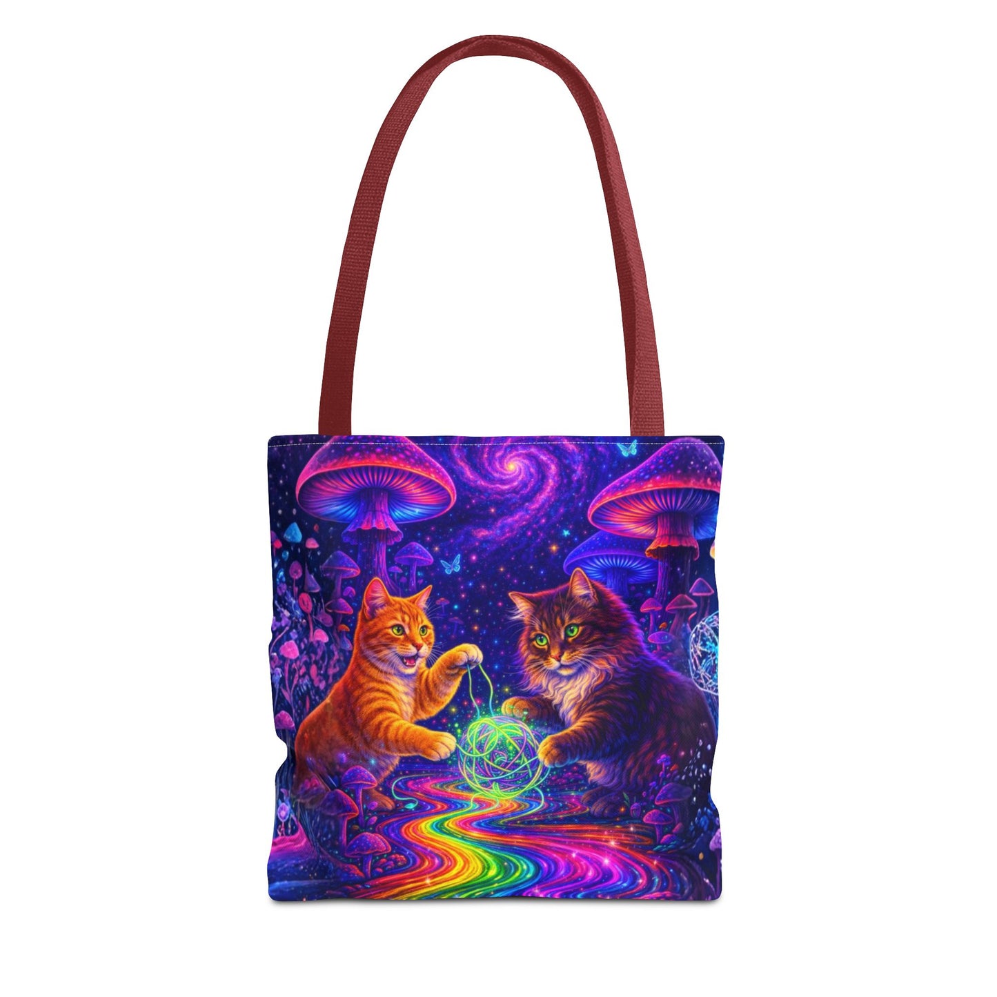Psychedelic Cats Playing with Orb Tote Bag | Neon Mushroom Galaxy Art