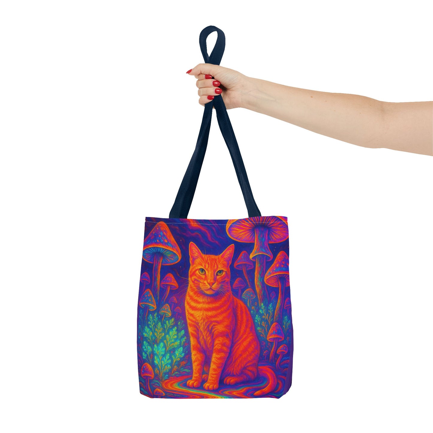 Psychedelic Mushroom Field Tote Bag, Orange Catnip Cat Graphic Print, Reusable Eco-Friendly Shopping Bag, Hippie Boho Gift, Kitty Lover