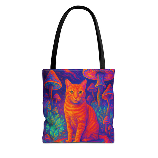 Psychedelic Mushroom Field Tote Bag, Orange Catnip Cat Graphic Print, Reusable Eco-Friendly Shopping Bag, Hippie Boho Gift, Kitty Lover