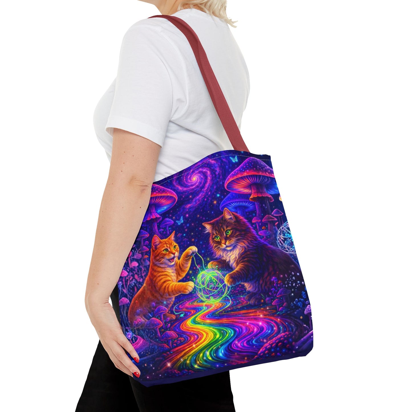 Psychedelic Cats Playing with Orb Tote Bag | Neon Mushroom Galaxy Art