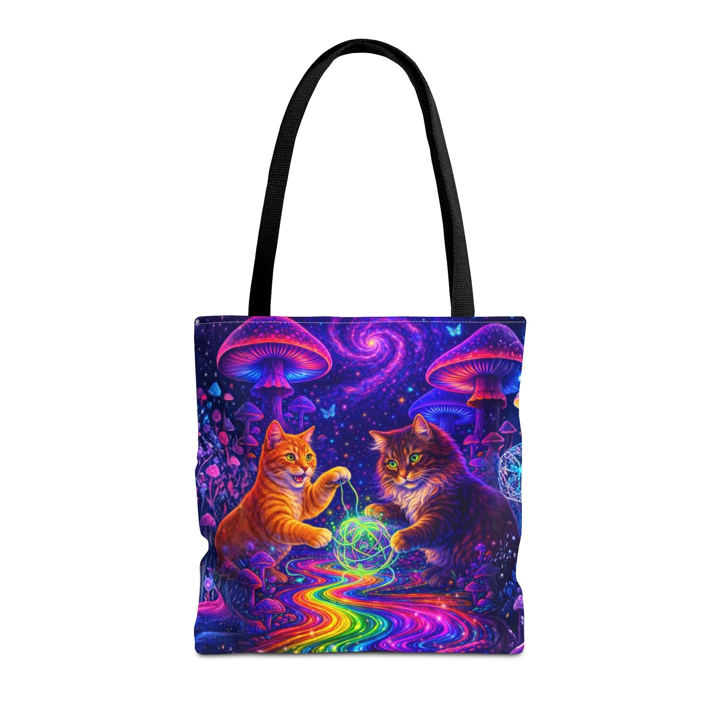 Psychedelic Cats Playing with Orb Tote Bag | Neon Mushroom Galaxy Art