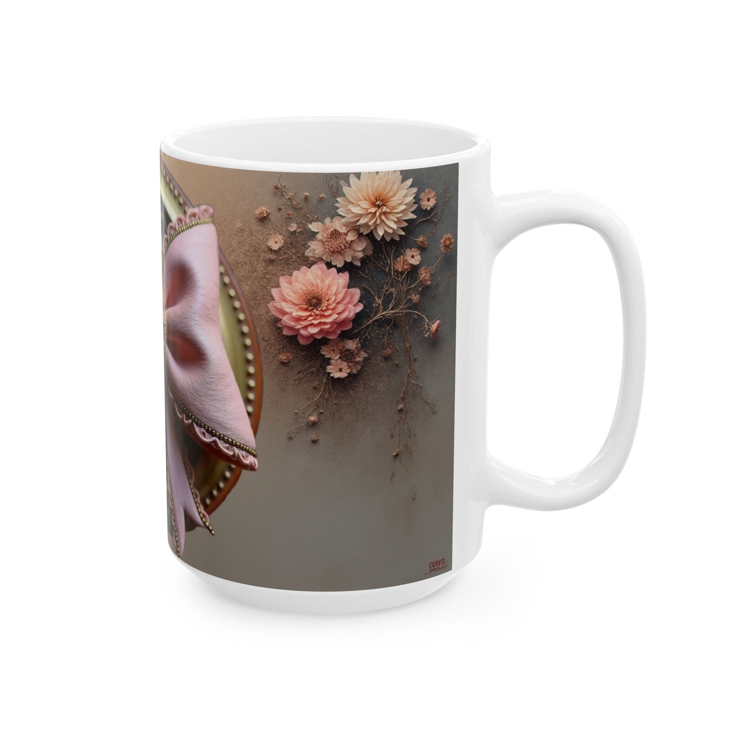 Steampunk Gear with Pink Ribbon Ceramic Mug | Floral Accent