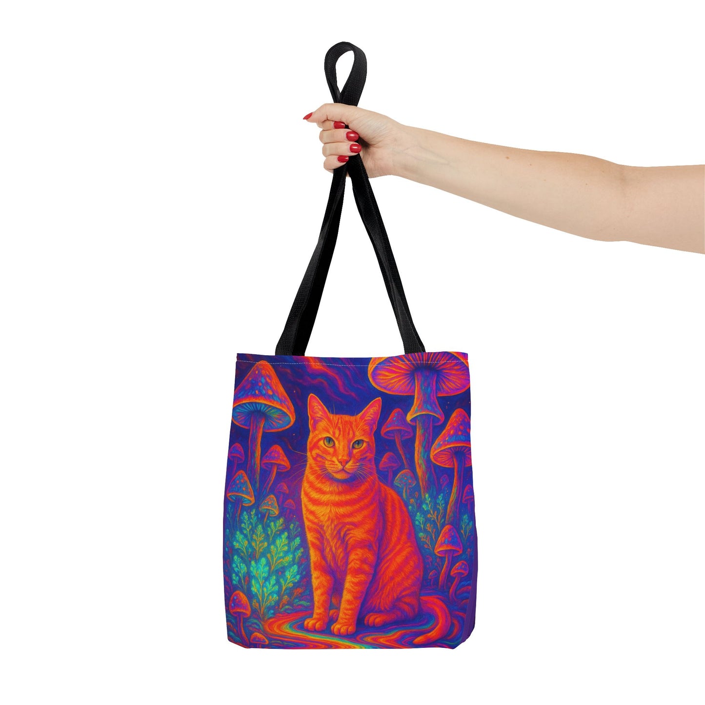 Psychedelic Mushroom Field Tote Bag, Orange Catnip Cat Graphic Print, Reusable Eco-Friendly Shopping Bag, Hippie Boho Gift, Kitty Lover