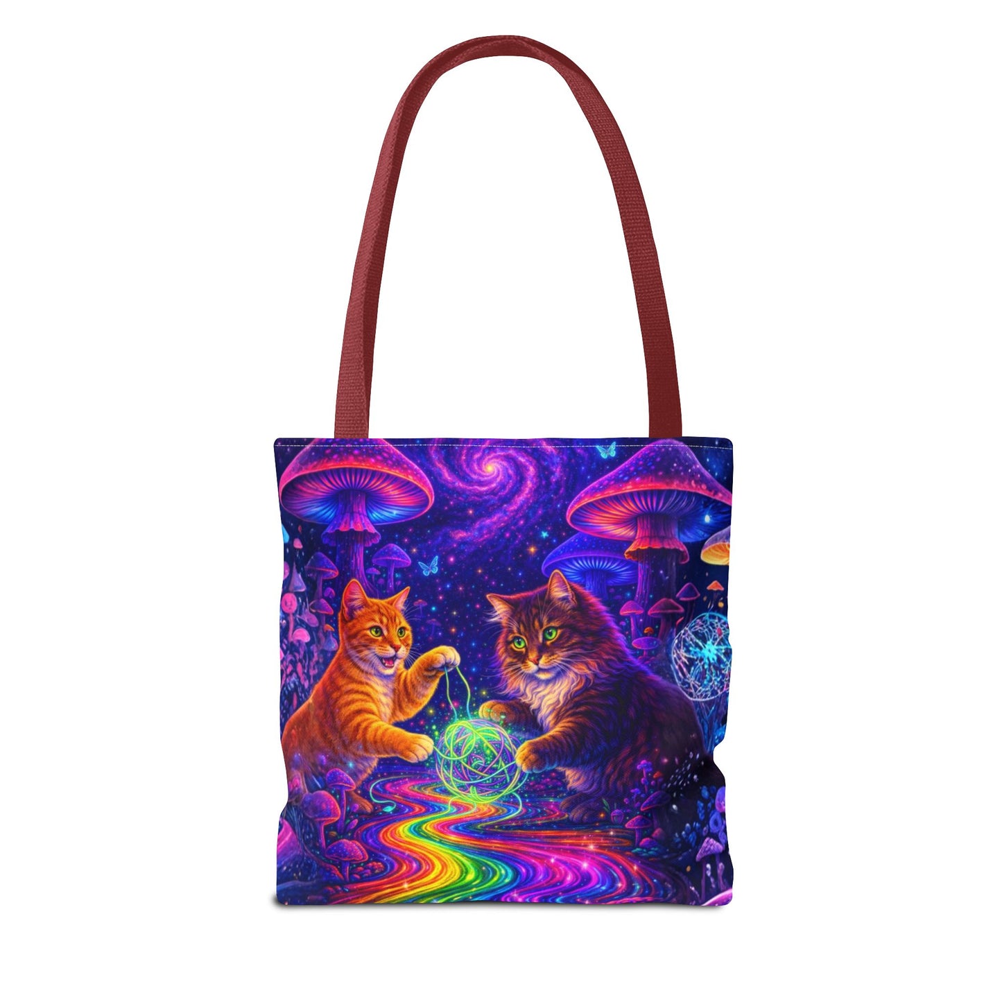 Psychedelic Cats Playing with Orb Tote Bag | Neon Mushroom Galaxy Art
