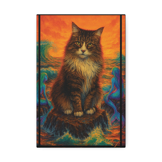 Canvas Stretched, Mermaid Cat Wall Art Print, Ocean Inspired Home Decor, Nautical Sea Goddess Poster, Coastal Theme Room Decoration, Beach