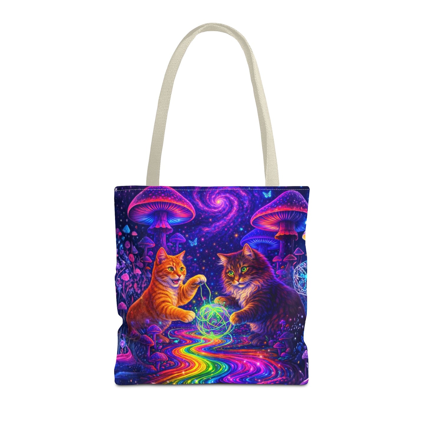 Psychedelic Cats Playing with Orb Tote Bag | Neon Mushroom Galaxy Art