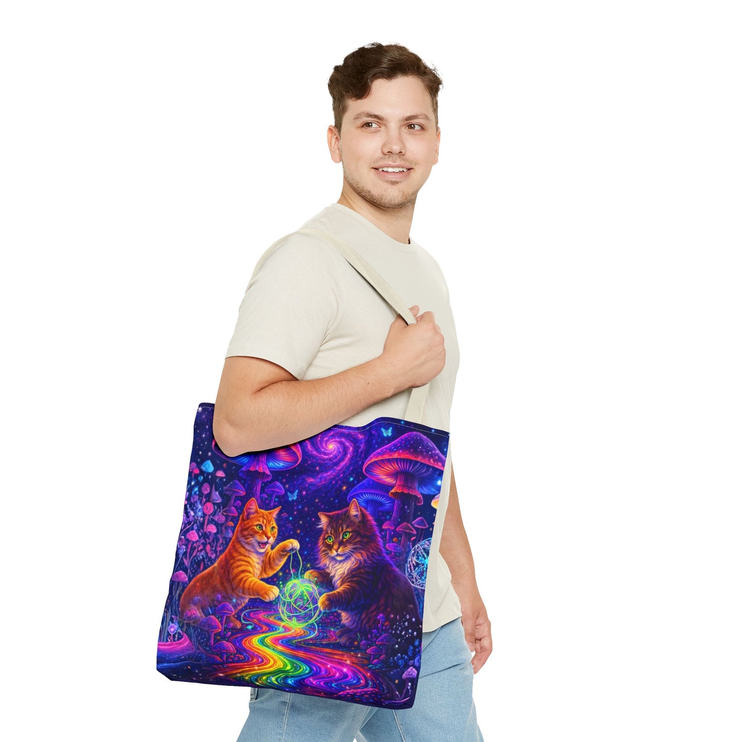 Psychedelic Cats Playing with Orb Tote Bag | Neon Mushroom Galaxy Art