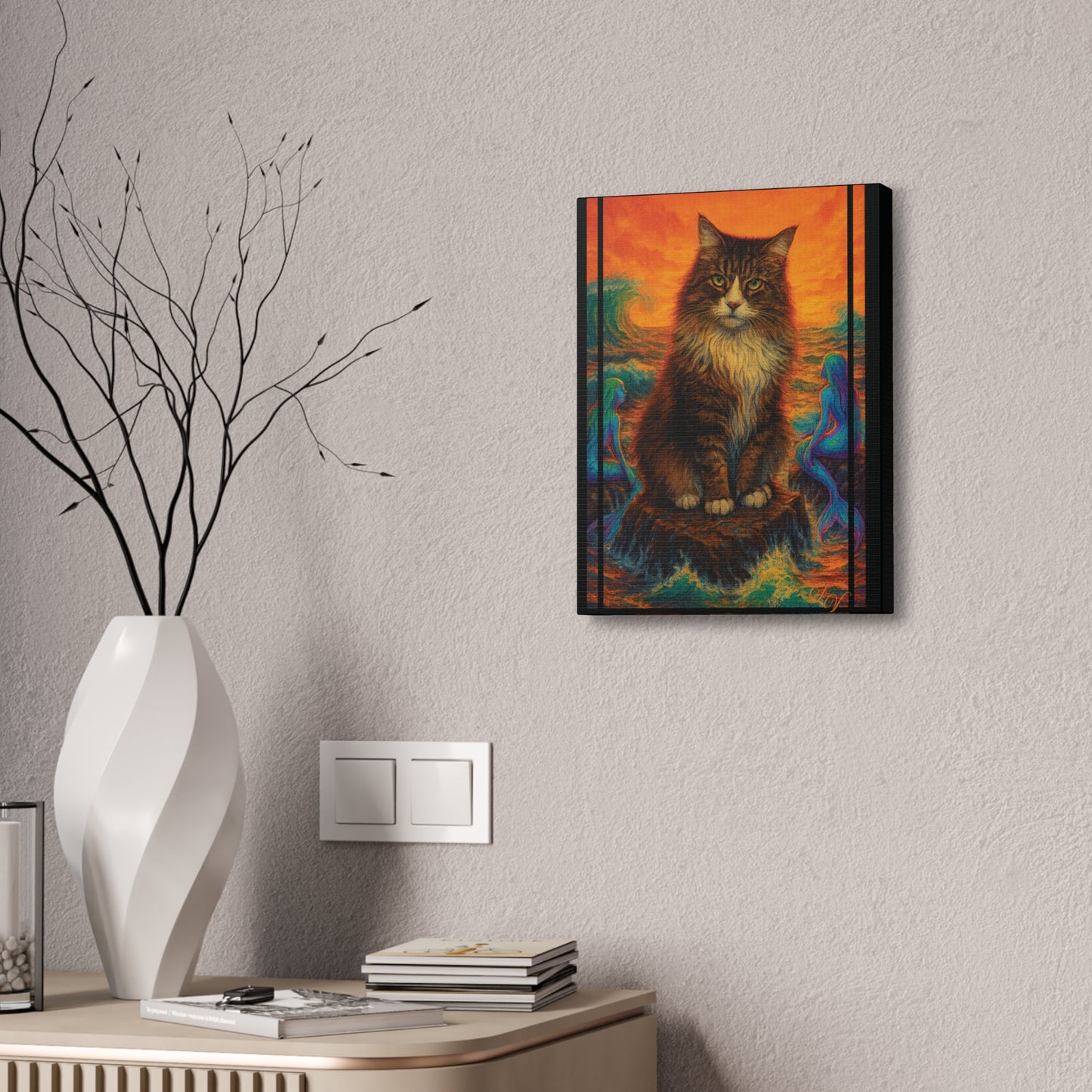 Canvas Stretched, Mermaid Cat Wall Art Print, Ocean Inspired Home Decor, Nautical Sea Goddess Poster, Coastal Theme Room Decoration, Beach