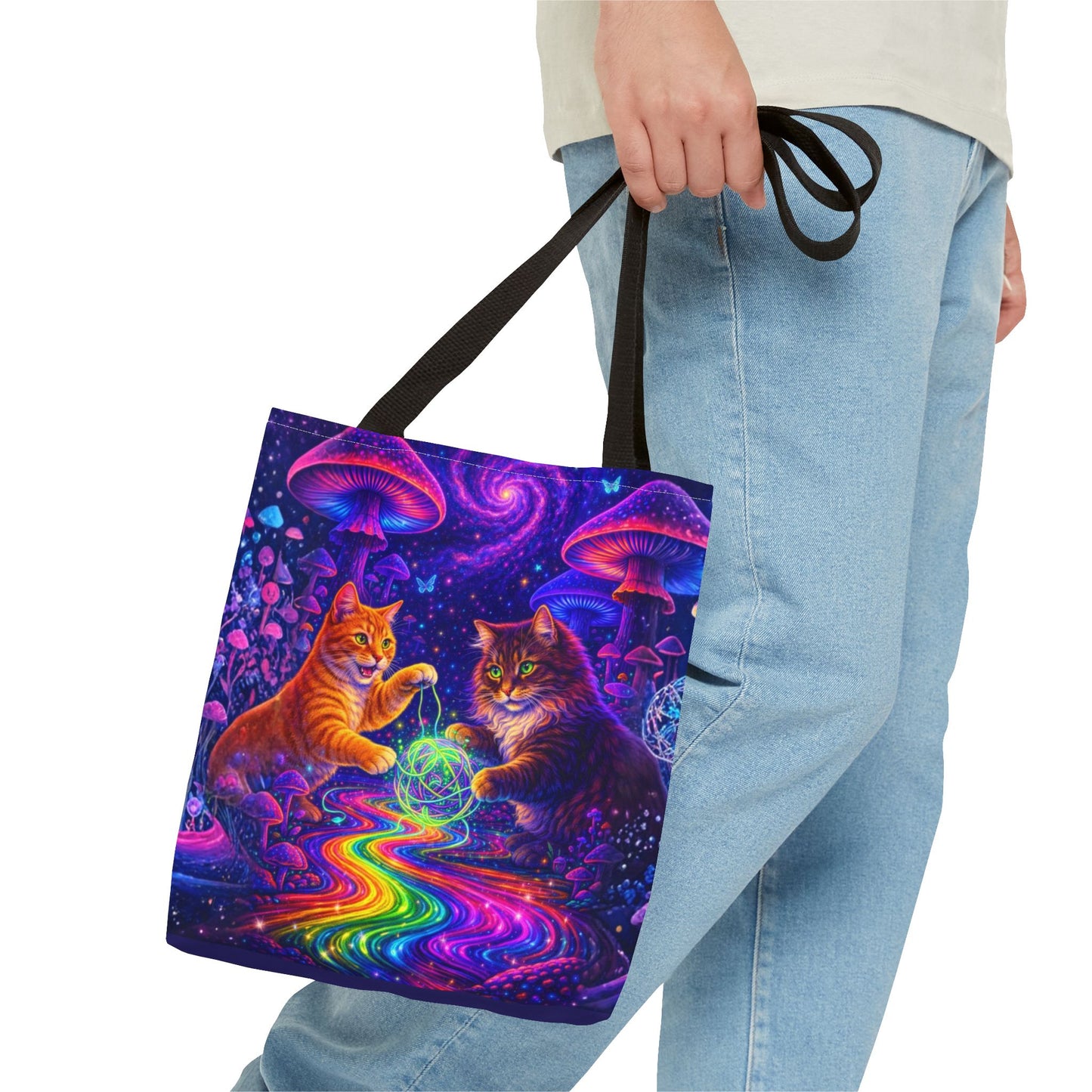 Psychedelic Cats Playing with Orb Tote Bag | Neon Mushroom Galaxy Art