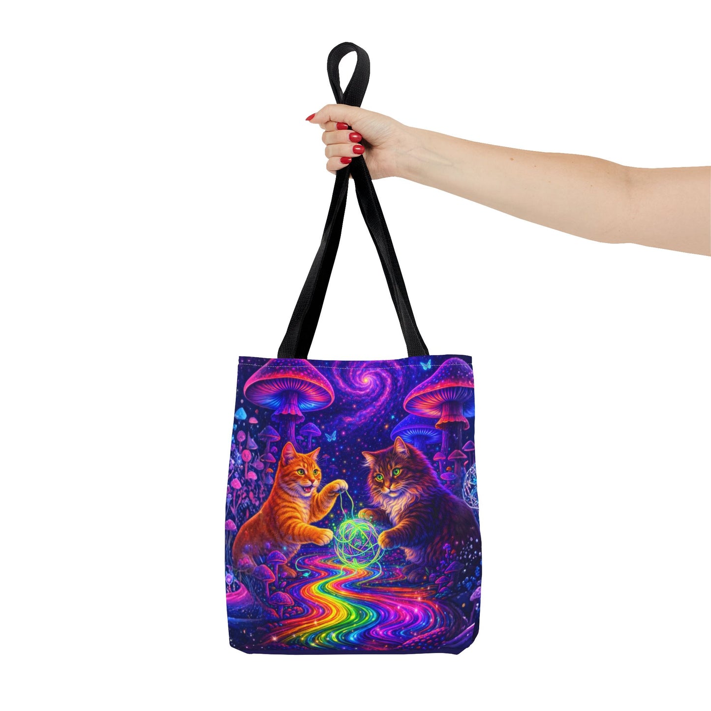 Psychedelic Cats Playing with Orb Tote Bag | Neon Mushroom Galaxy Art