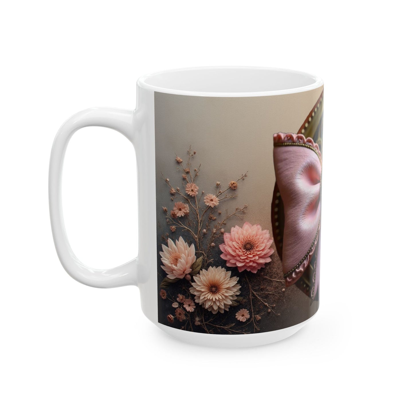 Steampunk Gear with Pink Ribbon Ceramic Mug | Floral Accent