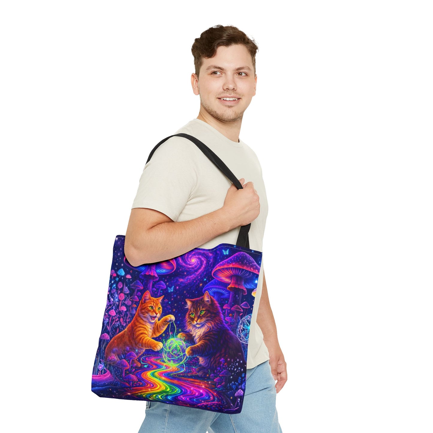 Psychedelic Cats Playing with Orb Tote Bag | Neon Mushroom Galaxy Art