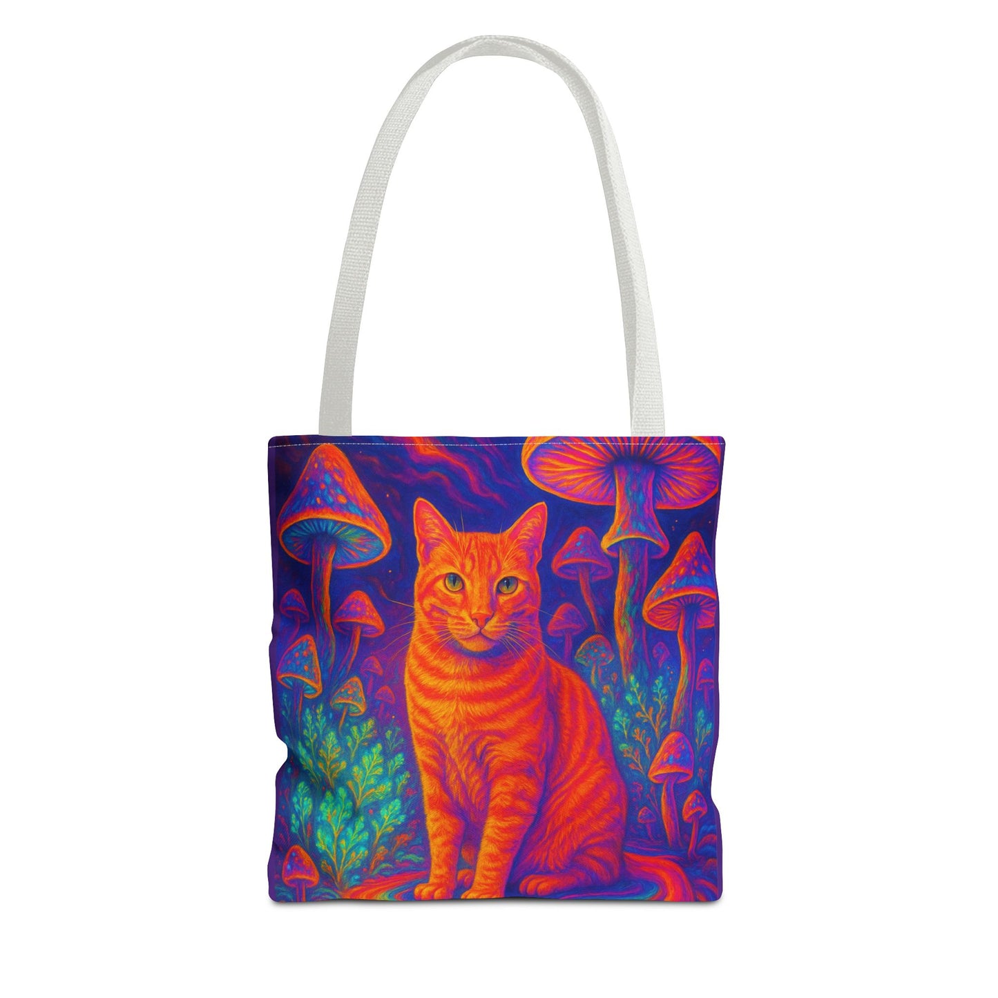 Psychedelic Mushroom Field Tote Bag, Orange Catnip Cat Graphic Print, Reusable Eco-Friendly Shopping Bag, Hippie Boho Gift, Kitty Lover