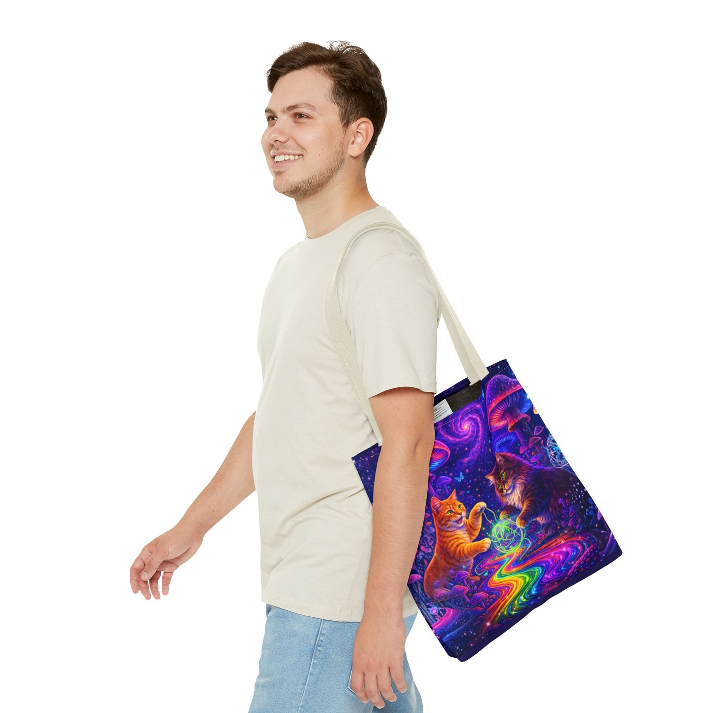 Psychedelic Cats Playing with Orb Tote Bag | Neon Mushroom Galaxy Art