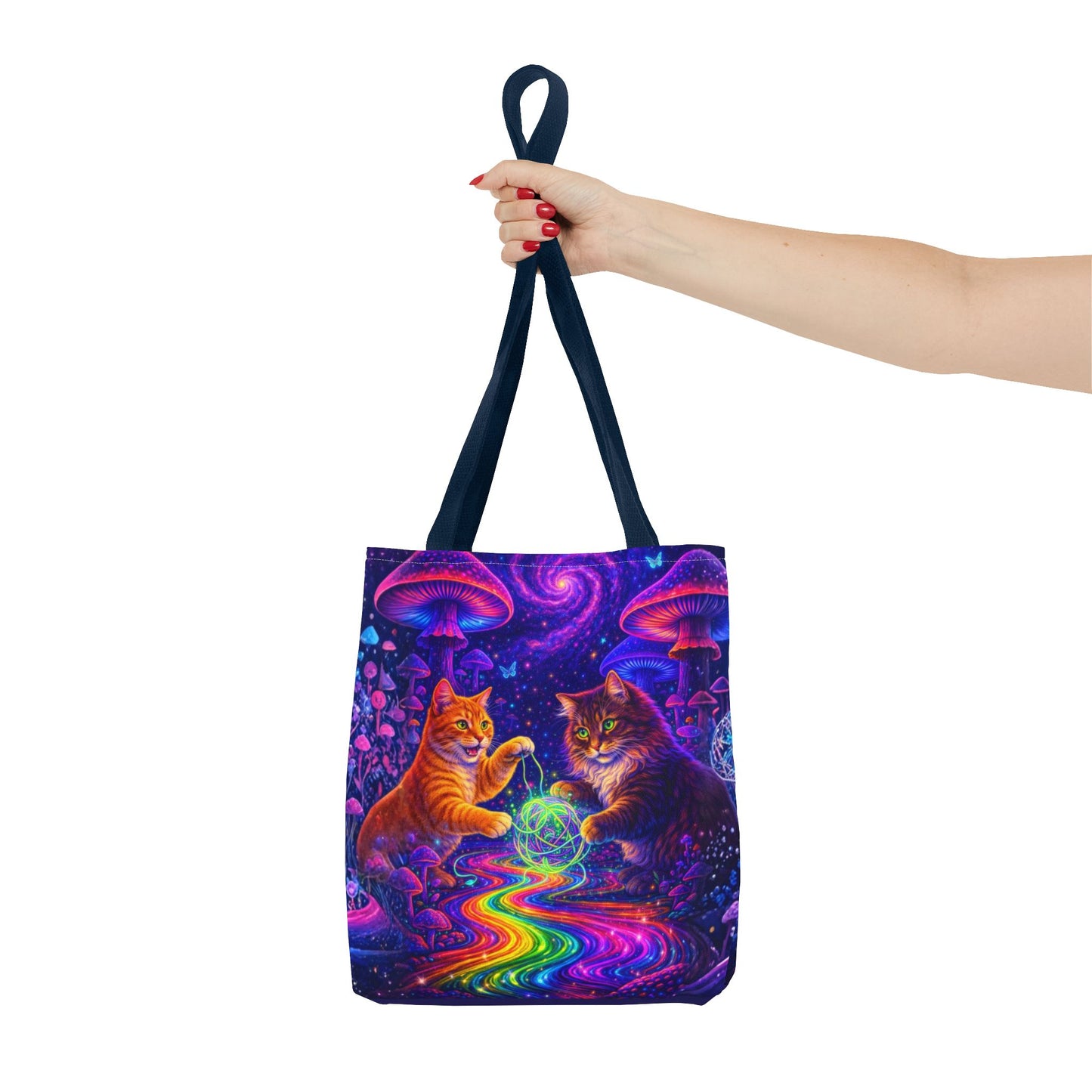 Psychedelic Cats Playing with Orb Tote Bag | Neon Mushroom Galaxy Art