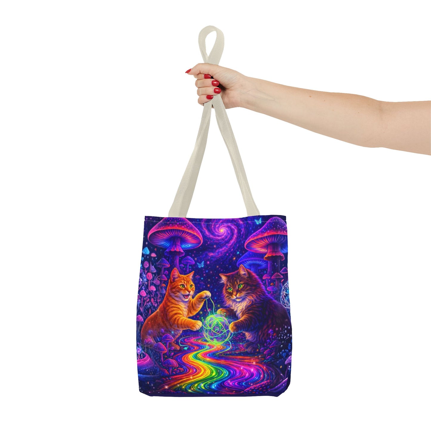 Psychedelic Cats Playing with Orb Tote Bag | Neon Mushroom Galaxy Art