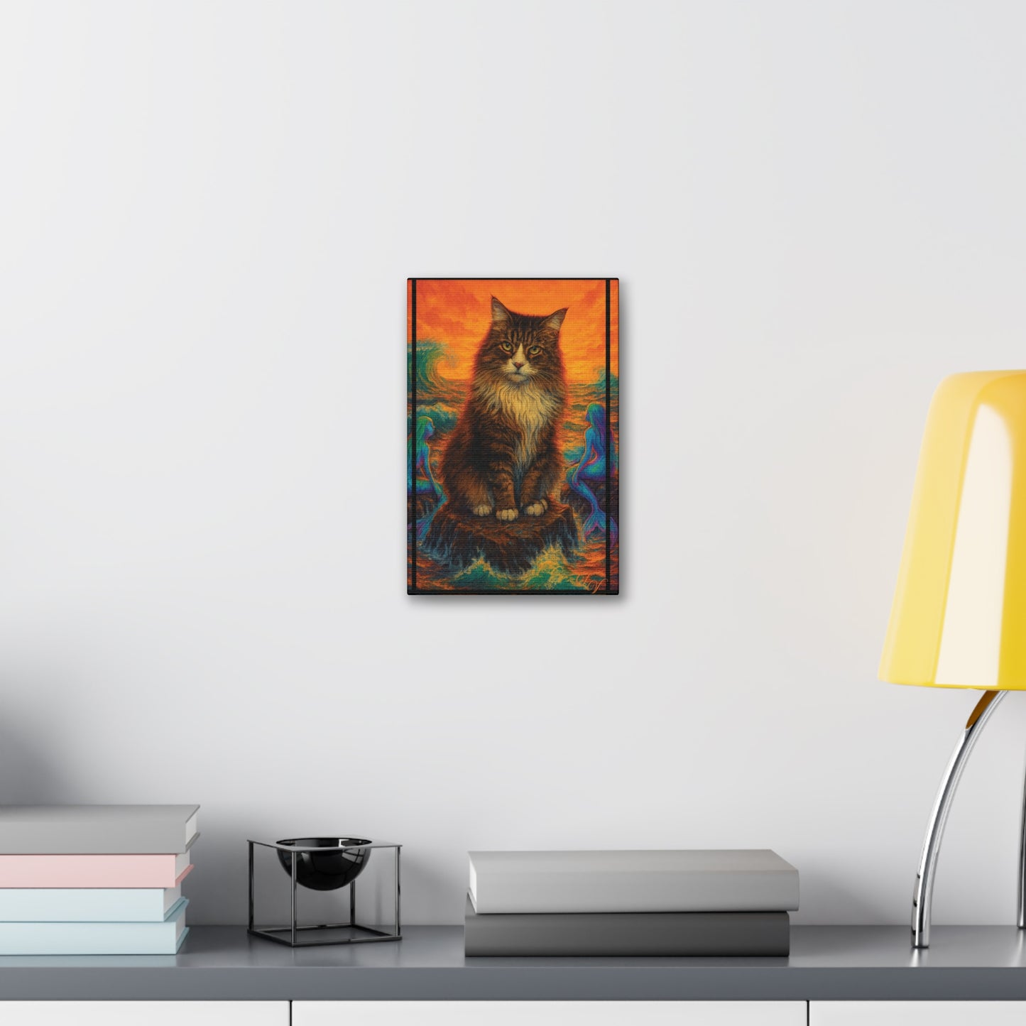 Canvas Stretched, Mermaid Cat Wall Art Print, Ocean Inspired Home Decor, Nautical Sea Goddess Poster, Coastal Theme Room Decoration, Beach