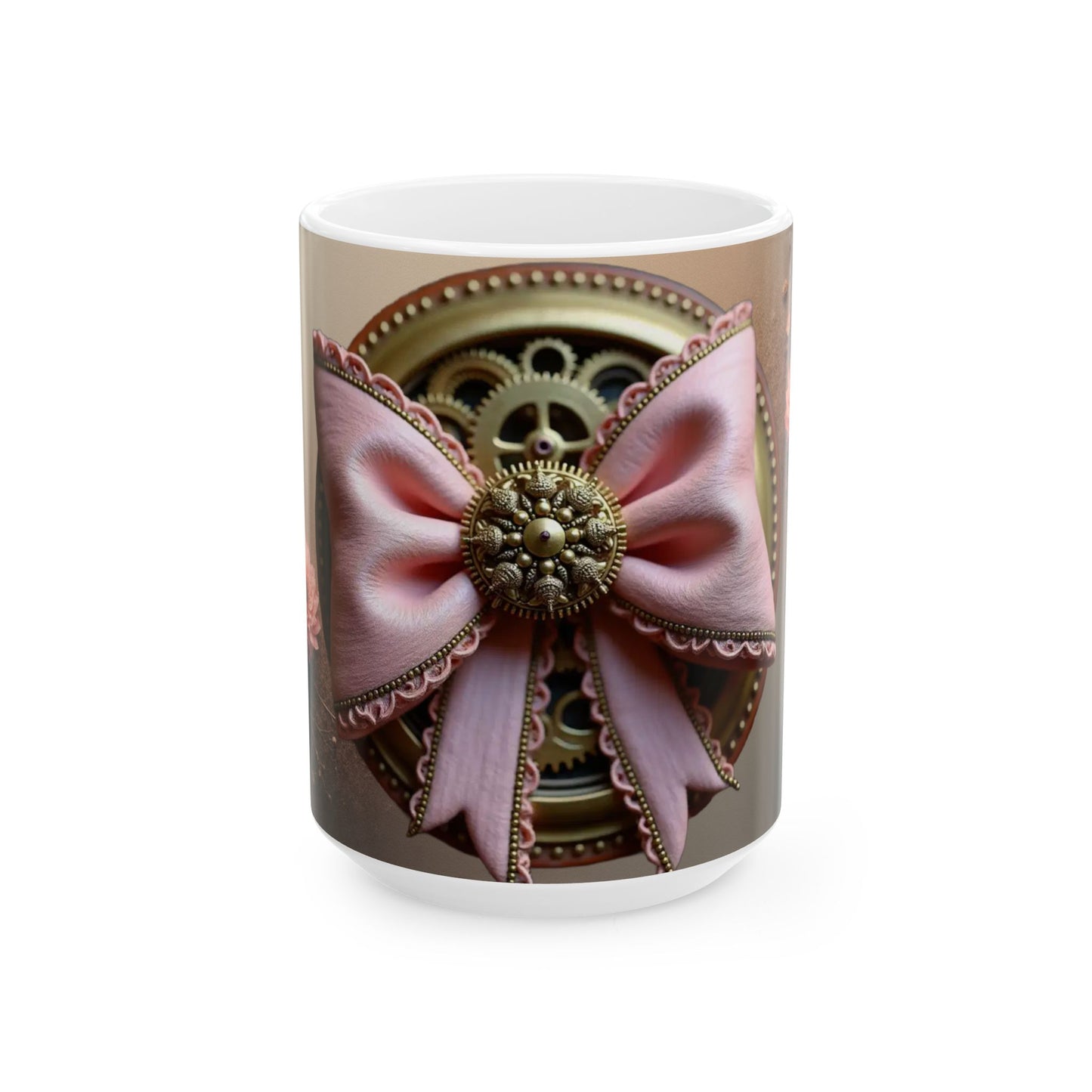 Steampunk Gear with Pink Ribbon Ceramic Mug | Floral Accent