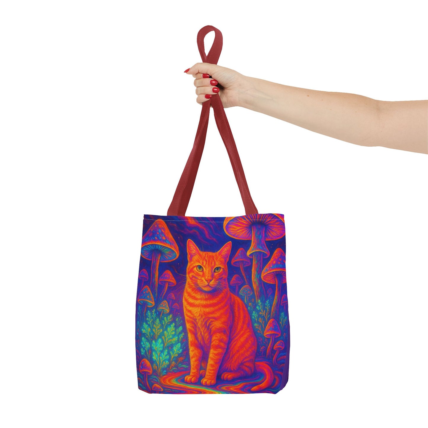 Psychedelic Mushroom Field Tote Bag, Orange Catnip Cat Graphic Print, Reusable Eco-Friendly Shopping Bag, Hippie Boho Gift, Kitty Lover